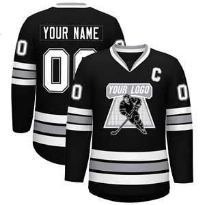 Camiseta de Hockey sobre Hielo Personalizada, Unisex, Negra con Rayas Blancas, Manga Corta, Impresión Sublimada, Malla Transpirable de Poliéster, para Invierno - Product Image 1