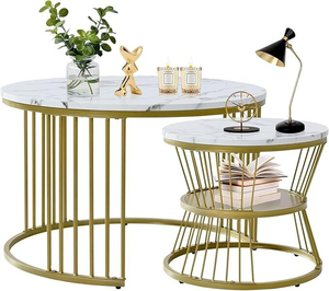 Modern <b>Round</b> <b>Nesting</b> <b>Coffee</b> <b>Table</b> Set with White Marble Top and Gold Metal Base for Living Room Furniture - Product Image 2