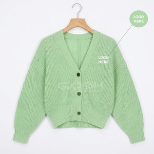 Cosh International Sisterhood Sorority Cárdigan Verde de Punto con Cuello en V, Manga Larga Abullonada, Casual, Color Sólido, con Botones Delanteros - Product Image 1