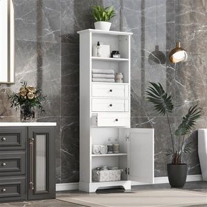 White Tall MDF Board Storage Cabinet with 3 Adjustable Drawers for Bathroom Kitchen or Living Room Painted - Product Image 2