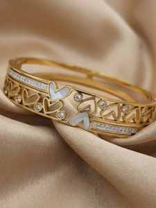 Gold Plated Stainless Steel Open Cuff <b>Bangle</b> Heart Cutout Bezel Set Cubic Zircon Women's Geometric Bracelet Gift - Product Image 1