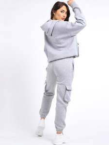 Women Gray Hooded Tracksuit Set Full Sleeve Solid Color Casual Jogger <b>Pants</b> Side Pockets Drawstring Waist Autumn Wear - Product Image 2