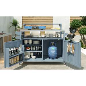 K & K 53.3 \ "Chariot îlot de cuisine extérieur en acier inoxydable avec étagère réglable Armoire de rangement en bois massif avec support à épices intérieur gris - Product Image 5