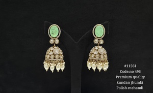 Pendientes Kundan Jhumki 11561, Pendientes Chapados en Mehandi, Pendientes Étnicos de Latón con Doble Piedra Roja, Pendientes Kundan para Bodas y Fiestas para Mujer - Product Image 3