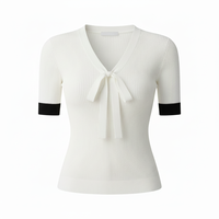 Fabricant OEM ODM – Nouveau pull d'été personnalisé pour femme, en maille douce et respirante, à manches courtes, col en V, avec nœud, style pull ouvert
