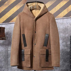 Veste safari en daim marron pour homme, à capuche, doublure en fausse fourrure, coupe-vent, manteau d'hiver, coupe classique, style workwear - Product Image 4
