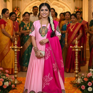 Élégance culturelle : Robe de cérémonie imprimée Kathakali avec ensemble dupatta en soie Chinon - Product Image 1