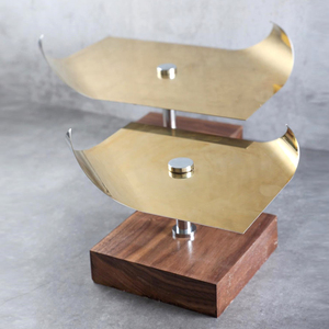 Modern Style <b>Cake</b> <b>Stand</b> Featuring A Curved Polished Gold Metal Wing Plate Atop A Square Natural Wooden Block Base <b>Stand</b> For Home - Product Image 3