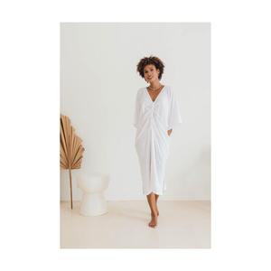 Womens White Kaftan Midi <b>Dress</b> Elegant V Neck Beach Cover Up Loose Resort Wear - Product Image 1