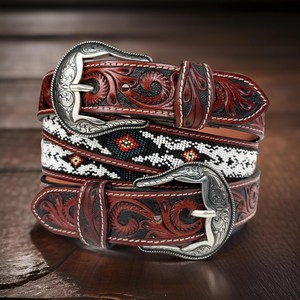 Ceinture en cuir véritable de haute qualité avec motifs perlés occidentaux et gravures, pour hommes et femmes, ceinture tendance, prix de gros - Product Image 4