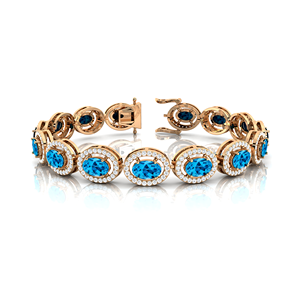 14K <b>Solid</b> <b>Gold</b> Oval Cut Swiss Blue Topaz With Halo Sett Diamond Tennis Bracelet Classic Luxury Fashionable Party Wear Bracelets - Product Image 1