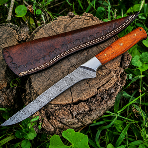 Couteau à filet en acier Damas fait main, lame fixe, couteau de pêche avec manche en bois de rose, étui en cuir véritable, vente en gros OEM - Product Image 1