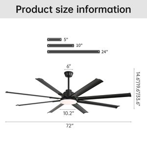 Ventilatore da Soffitto Moderno Nero da 72 Pollici con Motore DC, Telecomando Intelligente, 6 Velocità del Vento, Funzione di Risparmio Energetico per Installazione in Soggiorno - Product Image 4