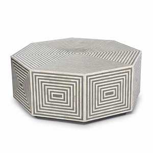 Table basse géométrique noire et blanche en os incrusté, 1 tiroir, faite à la main par un artisan indien, en bois, pour salon, entrée ou comme accent de décoration - Product Image 3