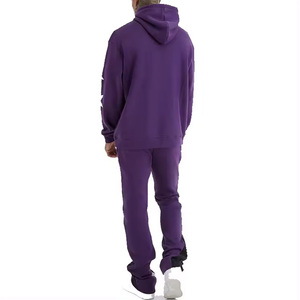 Ensemble survêtement homme décontracté violet avec sweat à capuche imprimé étoiles et pantalon de jogging évasé style streetwear deux pièces - Product Image 2