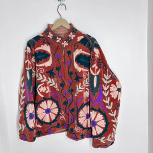 Hand Embroidered <b>Reversible</b> Velvet Bomber <b>Jacket</b> with Vintage Floral Pattern Cotton Lining Winter Outerwear for Women - Product Image 2