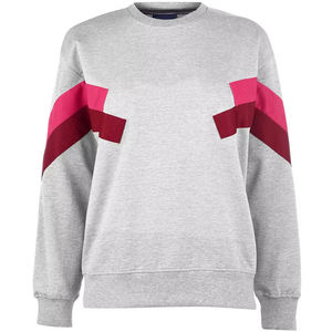 Sweat-shirt gris à col rond pour femme, manches color block rose et rouge, coupe classique, manches longues, en coton tricoté, pour l'automne - Product Image 6