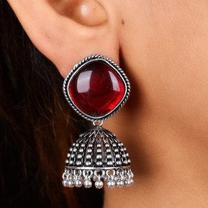 Ruby <b>Red</b> Stone Oxidized Silver Brass Zinc Alloy Imitation Pearl Jhumka <b>Earrings</b> for Women | Traditional Indian Jewelry Gift - Product Image 2