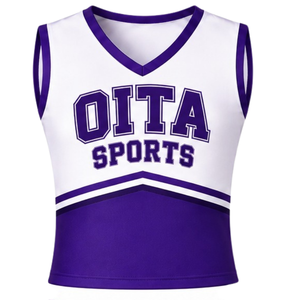 Ensemble d'uniformes de cheerleading imprimés violets, haut sans manches à col en V, jupe plissée, 100% polyester, pour équipe sportive, performance de danse - Product Image 3