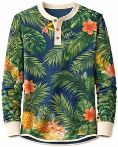 Chemise Henley à imprimé tropical pour homme, bleu marine et vert floral, manches longues, patte de boutonnage, style décontracté, été, plage, mode - Product Image 1
