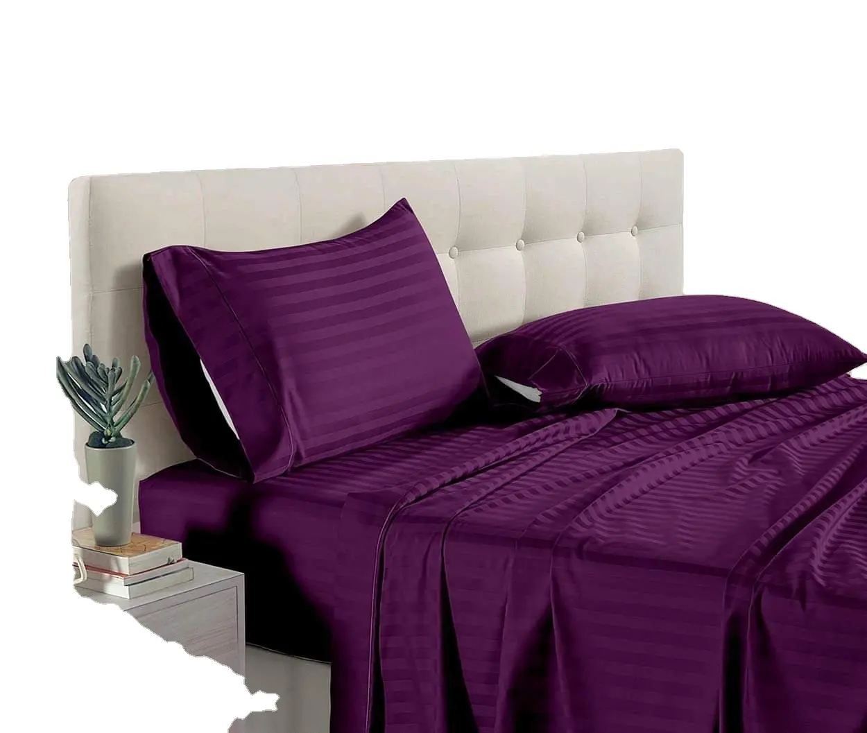 Amazon Best Selling Purple 100% Cotton Satin Stripe 300 TC Kingsize Bedsheet With 2 Pillow Covers Bedsheet Set For Home Use