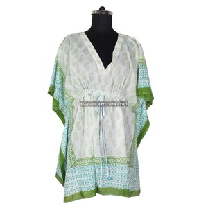 Última Moda 2026: Kaftán Corto de Algodón para Mujer con Estampado de Bloques, Elegante Pareo de Playa con Estampado a Mano - Product Image 3