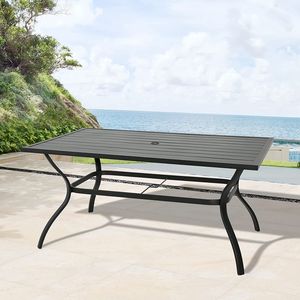 Tavolo da bistrot rettangolare a doghe in metallo da esterno con foro per ombrellone elegante da giardino - Product Image 2