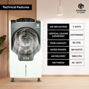 Refroidisseur d'air évaporatif Novamax - Plastique écologique, 3 vitesses, grand réservoir pour hôtel et usage extérieur, fonctionnement en anglais - Product Image 1