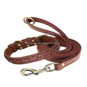 Collar de cuero trenzado a mano para perro, correa a juego de cuero genuino, color negro o marrón - Product Image 2