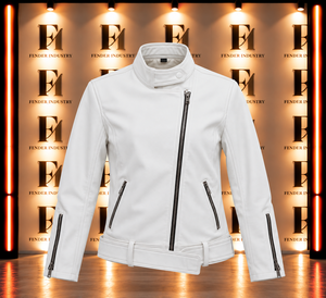 Custom Women’s Genuine Leather Biker Jacket Premium <b>White</b> Moto Rider Jacket Asymmetric Zip <b>Belted</b> Motorcycle Streetwear <b>Coat</b> - Product Image 1