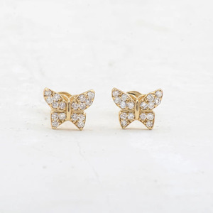 Boucles d'oreilles clous papillon en or jaune avec diamants de laboratoire, plaqué or 14 carats, taille brillant rond, luxe - Product Image 1