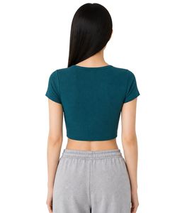 เสื้อครอปแขนสั้นทรงเข้ารูปสำหรับผู้หญิง สีเขียวอมฟ้า ผ้าริบเนื้อนุ่ม ผสมคอตตอนและสแปนเด็กซ์ ยืดหยุ่นได้ สวมใส่สบาย เหมาะสำหรับฤดูร้อน มีกระดุม ดีไซน์ทันสมัย - Product Image 2
