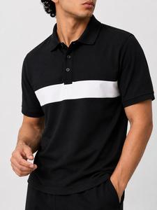 Polo pour homme à manches courtes, color-block, rayures blanches, boutonné, coupe décontractée, en tissu Oxford de coton respirant et tissé - Product Image 3