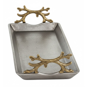 Royal Look Aluminum Table Top Decorative Food Serving <b>Tray</b> Handmade Home & Hotels <b>Drinks</b> Serving <b>Tray</b> With Gold Handle - Product Image 3