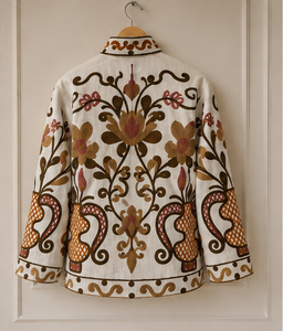 Elegante y transpirable bomber Suzani de terciopelo de algodón puro, con estampado floral de hojas de Jaipur, estilo boho artesanal, para exportación B2B, moda hecha a mano. - Product Image 6