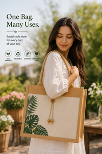 natural laminated jute tote bag with tropical leaf print eco friendly reusable shopping <b>handbag</b> wholesale - Product Image 3