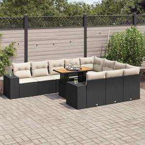 Conjunto de Sofá de Jardín de Ratán PE Negro con Acero con Recubrimiento en Polvo y Madera de Acacia, Muebles de Exterior Premium - Product Image 1
