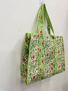 Quilted Cotton <b>Boho</b> Tote <b>Bag</b> Women Handmade White Green Floral Print Large Shoulder Shopper Travel Drawstring Closure - Product Image 1