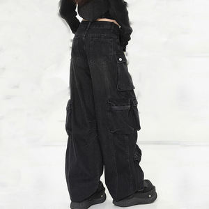 <b>Black</b> Plus Size Adults <b>Women</b> Mid Waist Loose Cargo Jeans Wide Leg Denim Pants Light Overdyed Streetwear <b>Trousers</b> for Casual Wear - Product Image 2