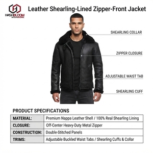 Veste d'hiver unisexe en cuir noir doublée de fourrure, fermeture éclair sur le devant, col rabattable, ourlet réglable avec boucles - Product Image 5