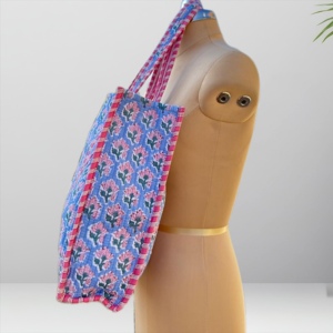 Bolso Tote Impermeable de Algodón Acolchado con Estampado de Bloques Personalizado, Estilo Vintage, Azul Leopardo, para Dama, Playa, Venta al por Mayor, Grande, Hecho a Mano - Product Image 2
