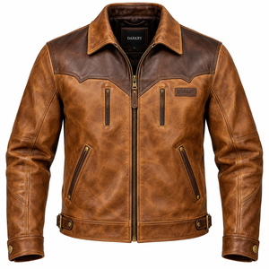 Whiskey Tan <b>Leather</b> Western Ranch <b>Jacket</b> <b>Mens</b> Dark <b>Brown</b> Yoke Waist Buckle Adjuster Custom OEM ODM Offer Provide Service Provide - Product Image 1