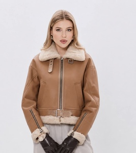 Blouson Bomber en Cuir Véritable pour Femme, Hiver, Manches Longues, Doublure Fourrure, Fermeture Éclair, Imperméable, Léger, Col Montant, Style Décontracté - Product Image 2