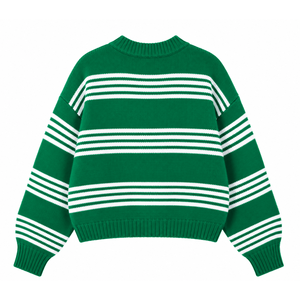 Cardigan en tricot rayé pour femme Iota Phi Lambda Sorority, boutonné, manches longues, col rond, vert et blanc, brodé, pull décontracté - Product Image 4