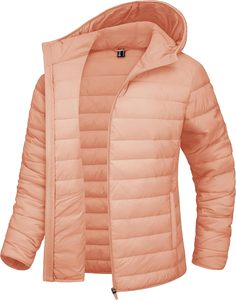 <b>Pink</b> Quilted Hooded <b>Jacket</b> Women Full Sleeve Zipper Closure Solid Color Autumn Lightweight Puffer Coat - Product Image 4