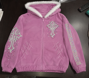 SALSTAR Sweat à capuche en polaire violet pour femme avec perles croisées et paillettes, veste décontractée d'hiver - Product Image 6