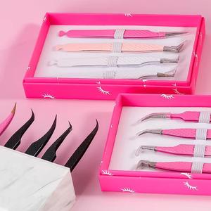 Eyelash Tweezers Set Stainless Steel Precision <b>Tools</b> <b>Pink</b> <b>Box</b> Packaging Smooth Tip For Eyelash Application - Product Image 2