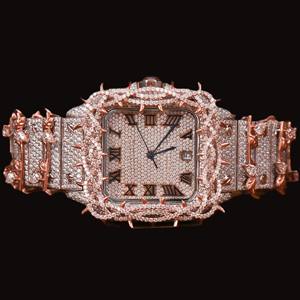 Reloj de Lujo VVS Moissanite, Estilo Romano, Hecho a Mano, Completamente Adornado con Diamantes, Movimiento de Cuarzo Mecánico, Unisex, Cristal de Zafiro, Analógico, Estilo Hip Hop - Product Image 1