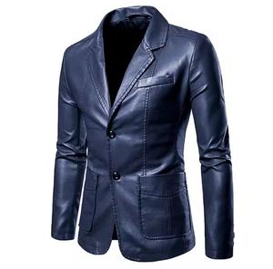 Unisex PU <b>Leather</b> <b>Blazer</b> Slim Fit Stand Collar Single Breasted Waterproof Smart Casual Jacket Regular Sleeve Solid Color Front - Product Image 3