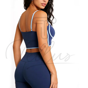 Women 2 Piece Yoga Set Blue <b>Crop</b> <b>Top</b> With Contrast Binding High Waist Flared Leggings Activewear Fitness Yoga Sets - Product Image 5